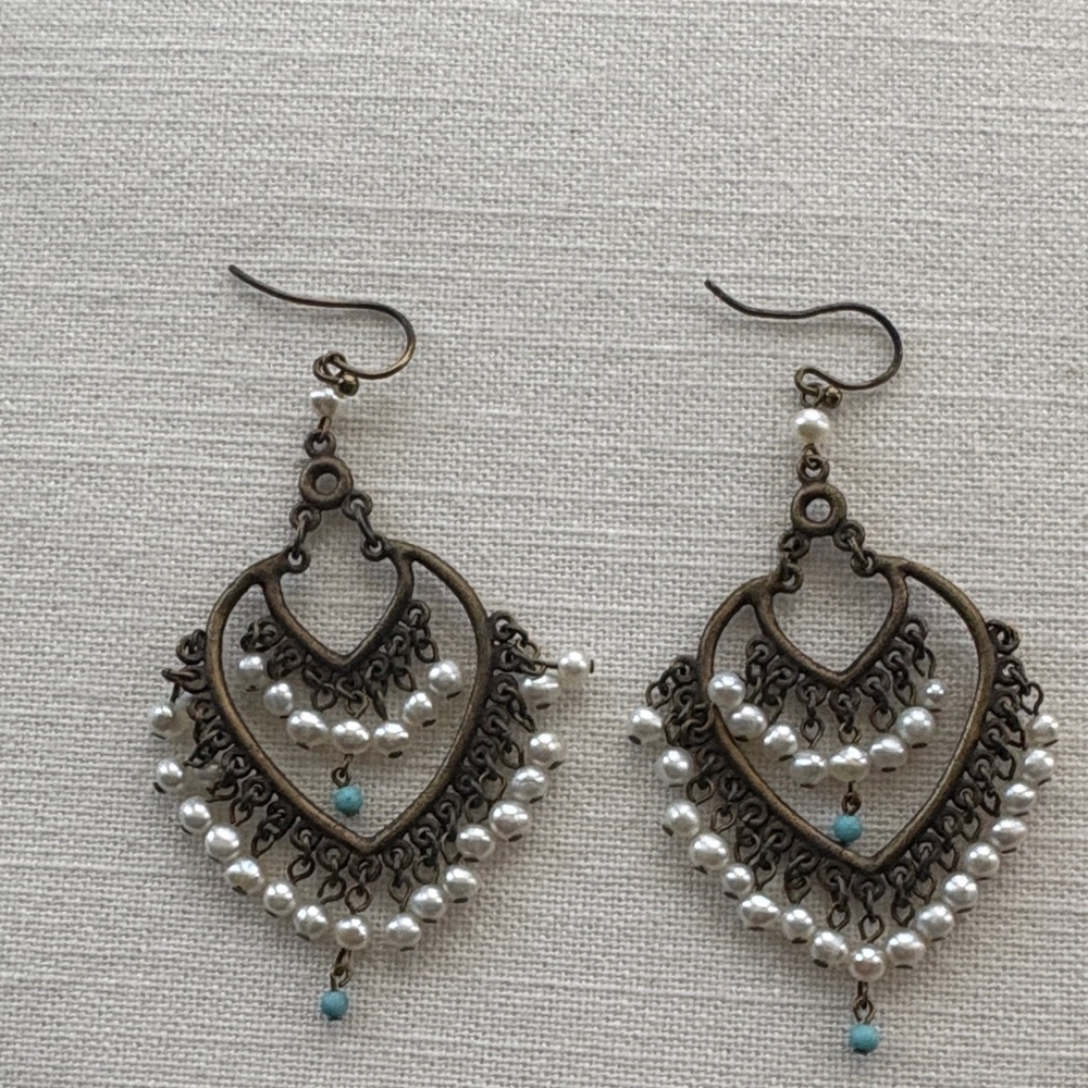 Neiman Marcus Elegant Bronze and Pearl Chandelier Earrings.
